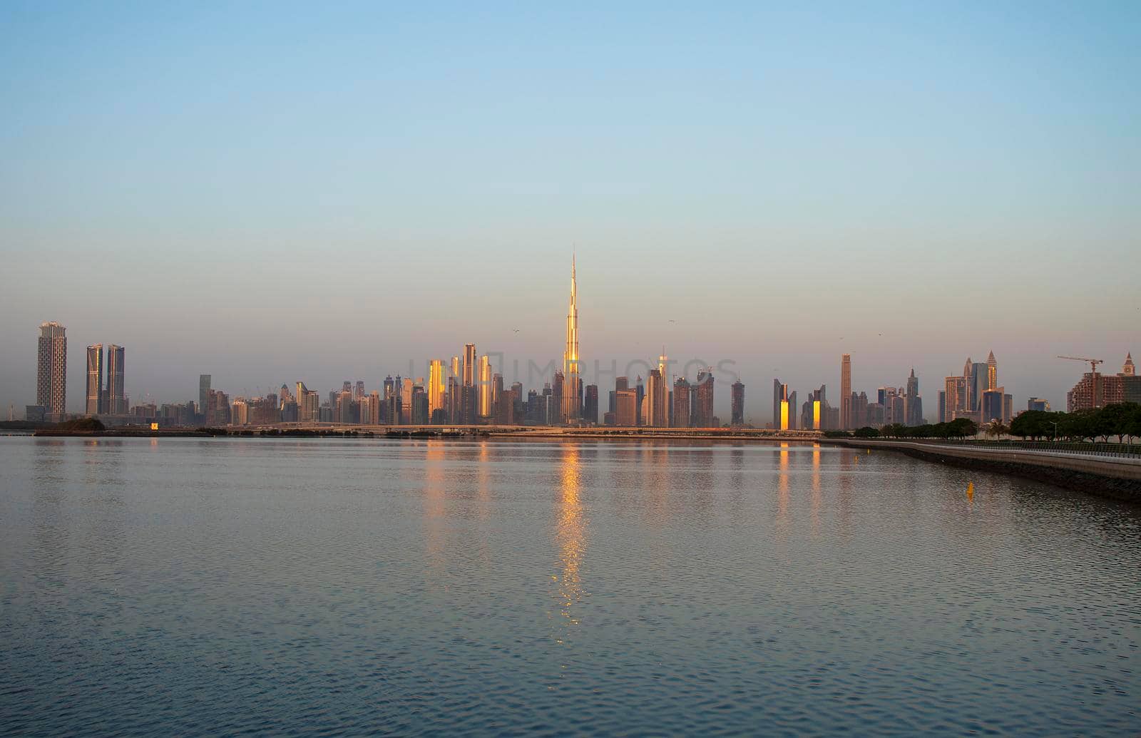 Sunrise over a skyline of a beautiful city of Dubai. Shot made in Jadaf area of the city. UAE. Outdoors