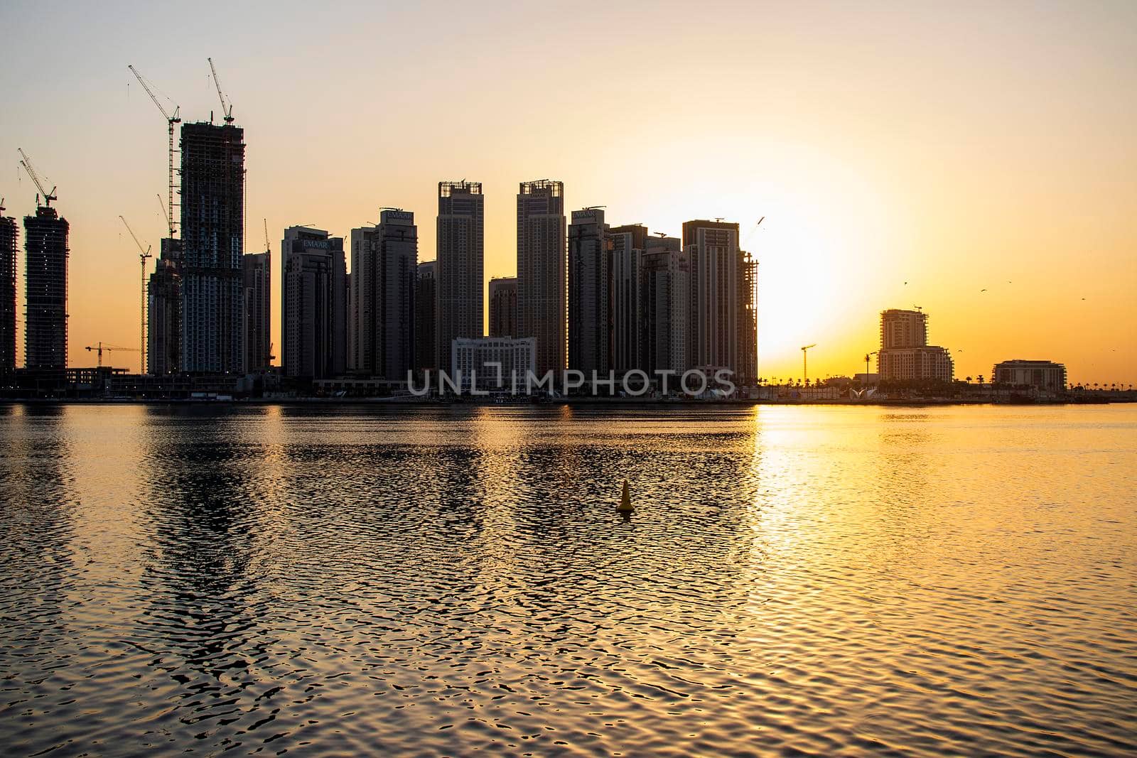 Sunrise in Jadaf area of Dubai, view of Dubai creek Harbor construction of which is partially completed. Outdoors