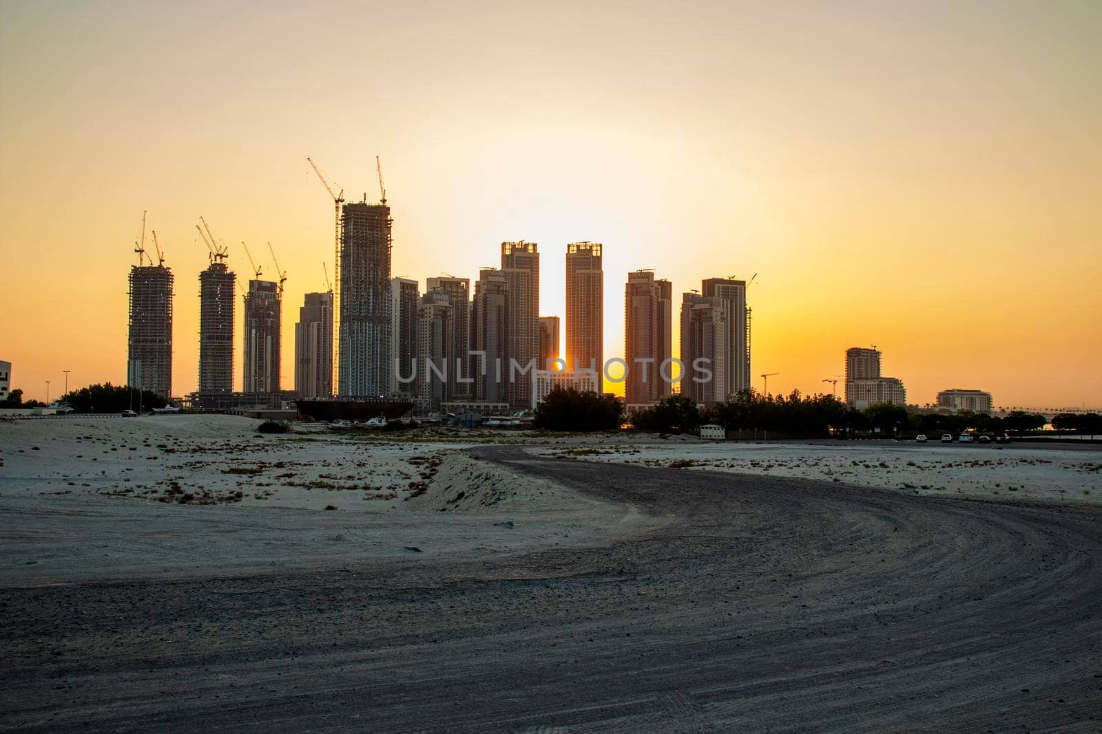 Sunrise in Jadaf area of Dubai, view of Dubai creek Harbor construction of which is partially completed. Outdoors