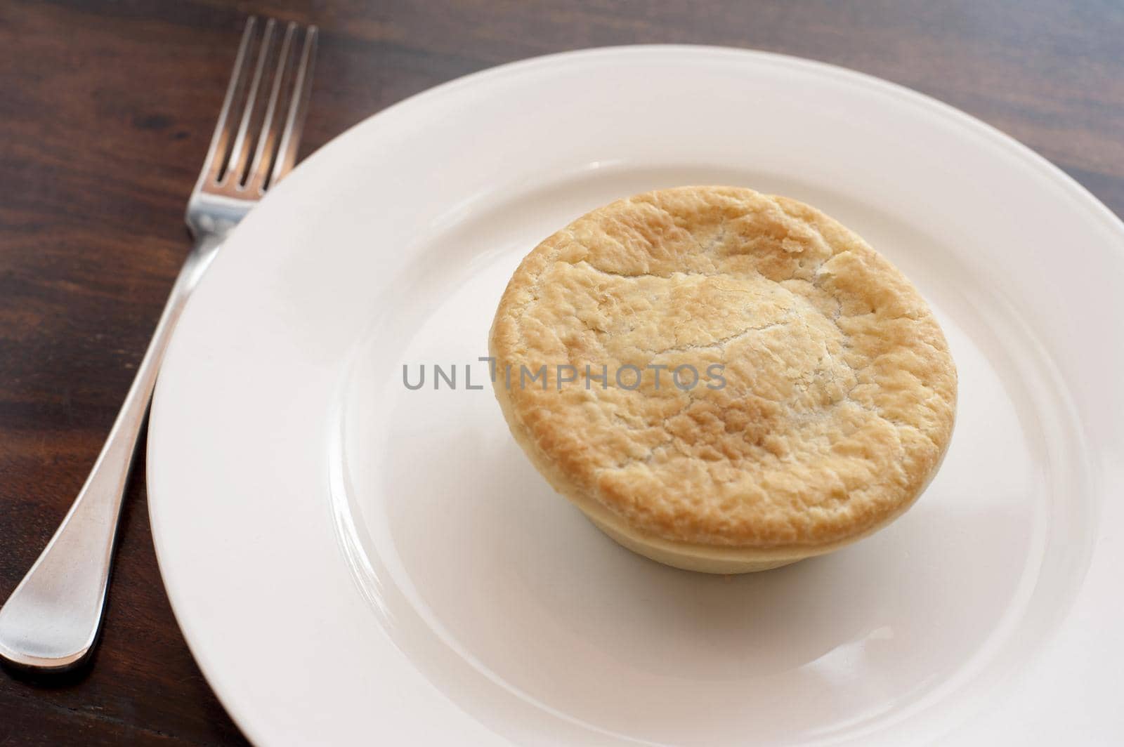 Freshly baked meat pie with a golden pastry crust served on a plain white plate for a snack or lunch