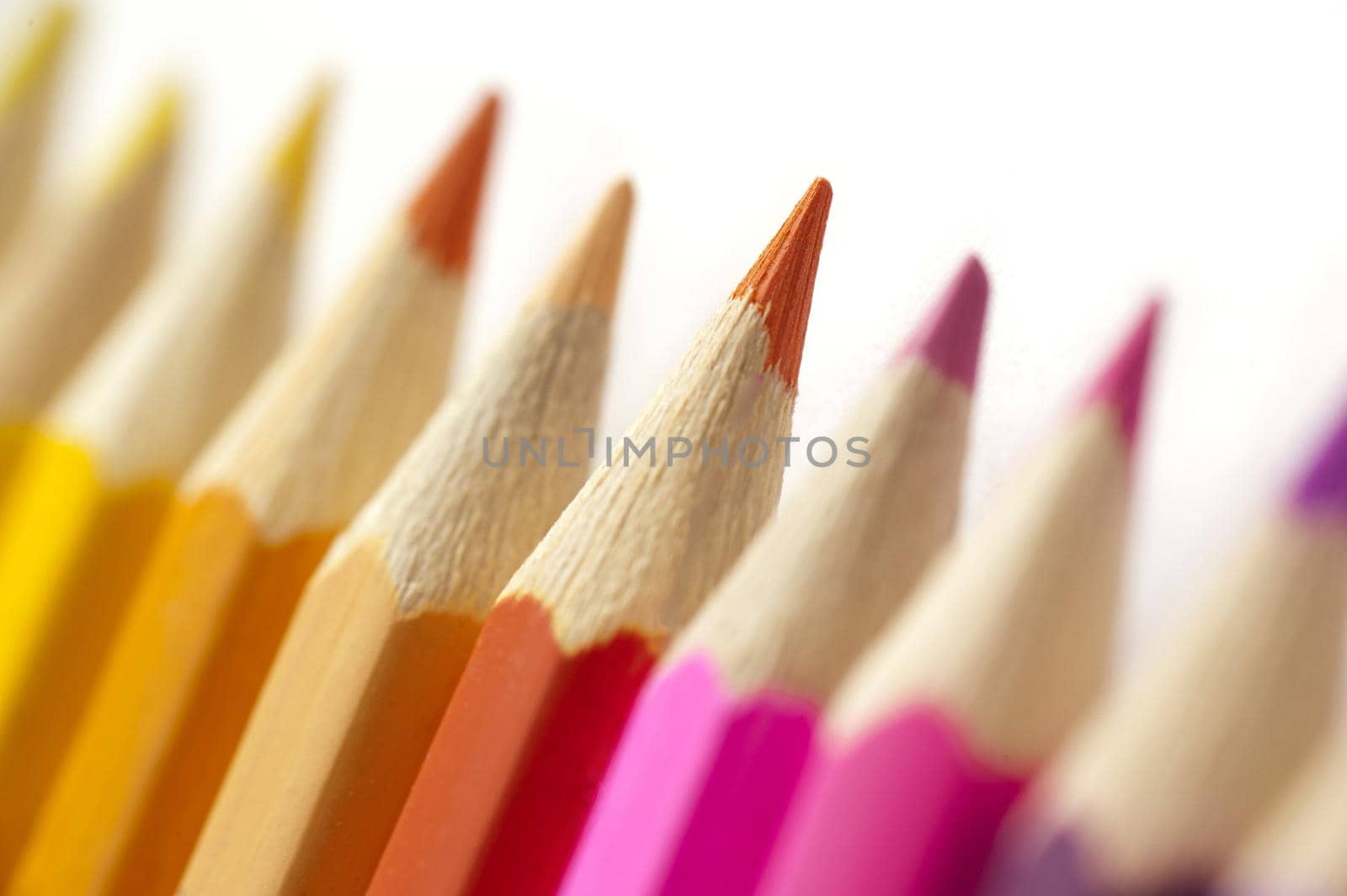 Colorful line of wooden pencil crayons arranged magenta through red to yellow with focus to the central red crayon
