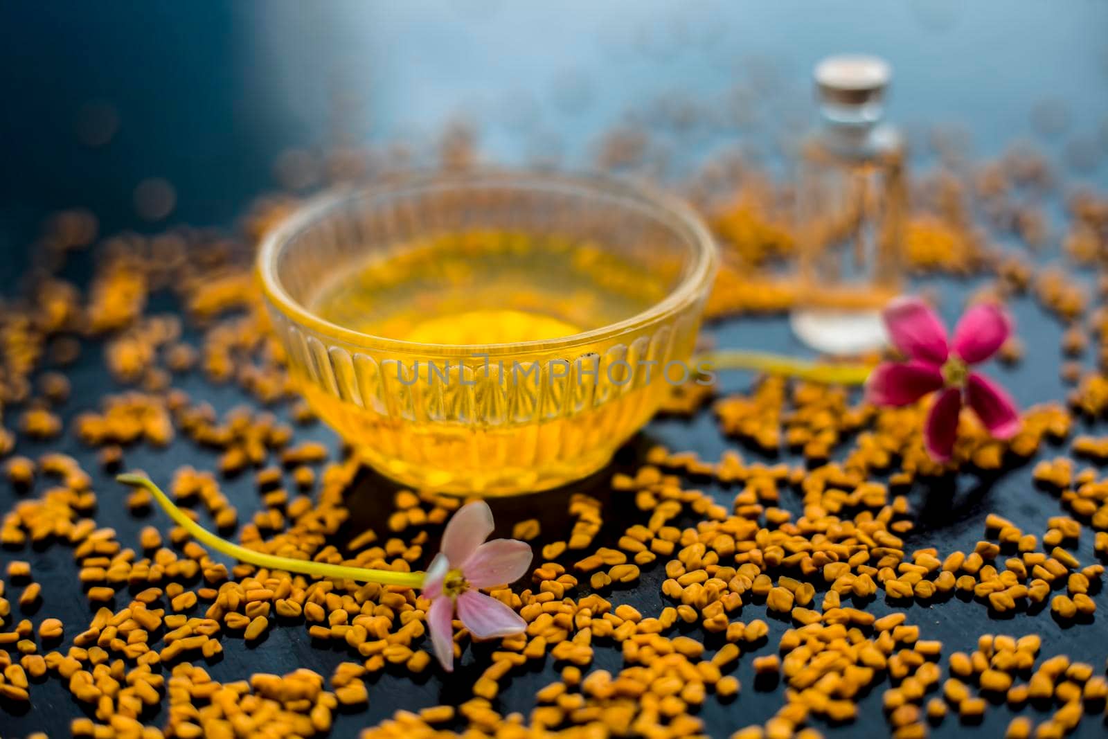 Raw fenugreek seeds on the wooden surface with some coconut oil and its paste in a glass bowl used as the remedy of dandruff.Famous natural method.