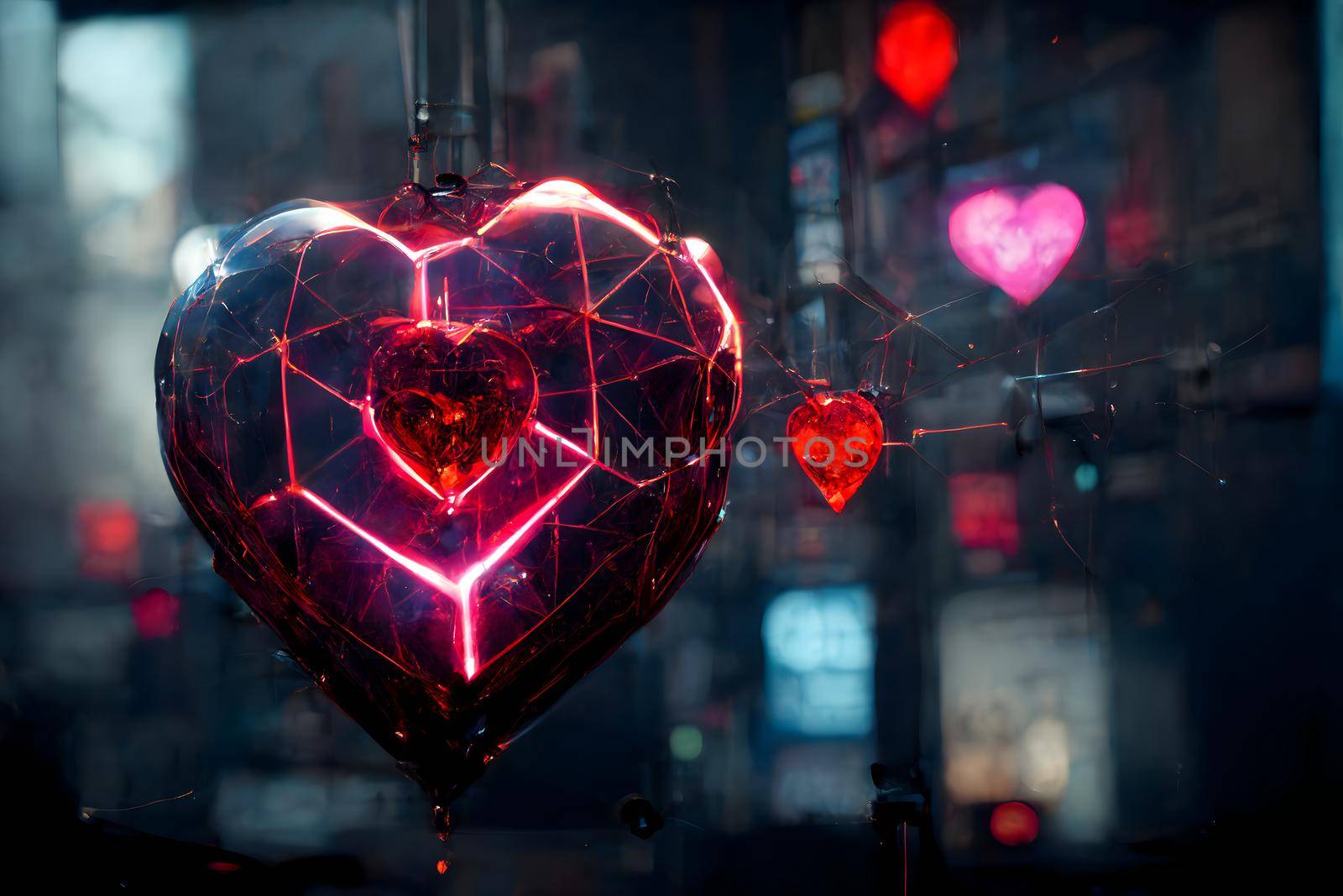 cyberpunk neon high-tech heart in night city environment, neural network generated art for valentines day. Digitally generated painting-like image. Not based on any actual scene or pattern.