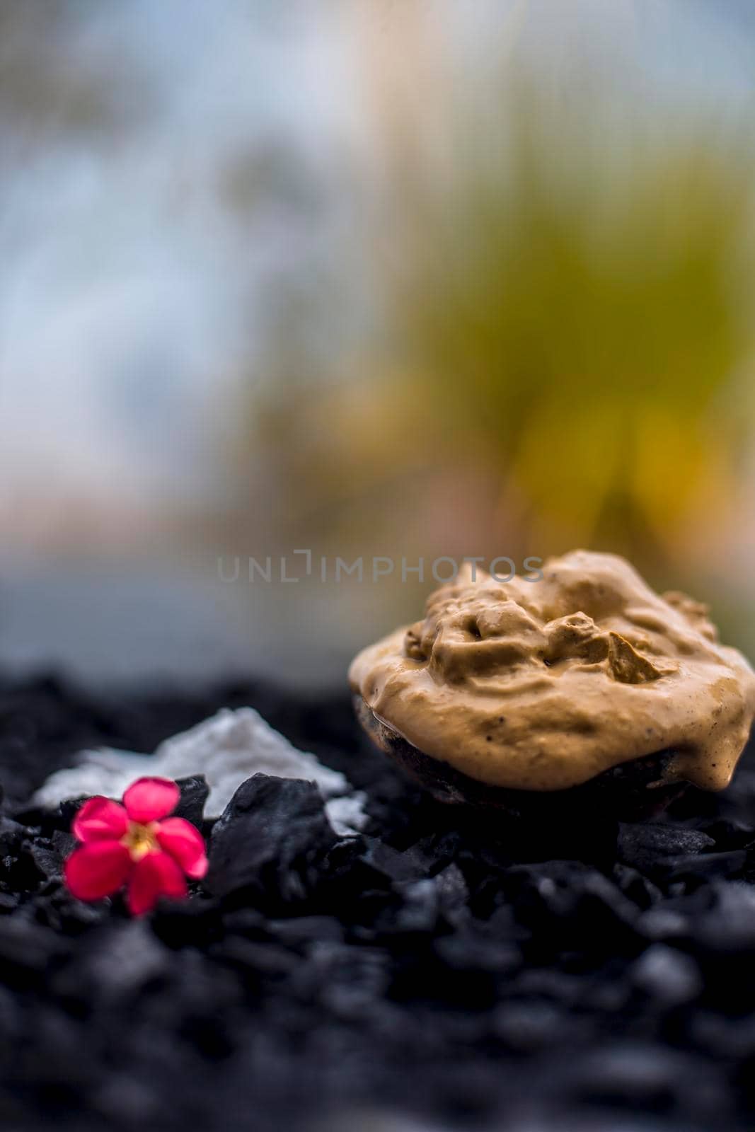 Activated charcoal face mask consisting of bentonite clay or fuller's earth or multani mitti or mulpani mitti well mixed with baking soda and coconut oil. On a wooden surface with entire constituents.