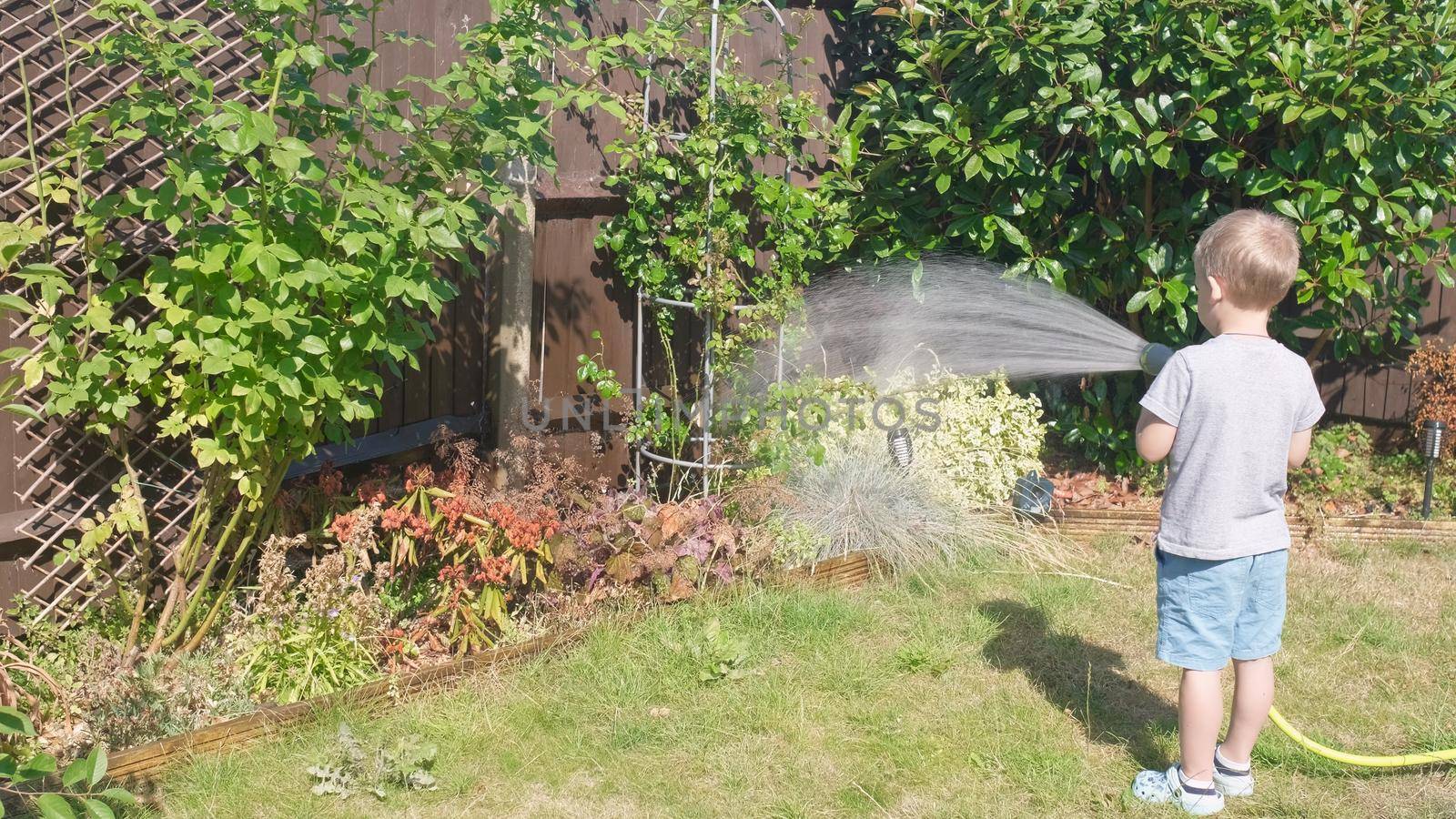 Funny little boy watering lawn plants in garden housing backyard. Adorable child playing with irrigation hose at hot sunny summer outdoors. Children help with housework. activity for kids. Childhood.