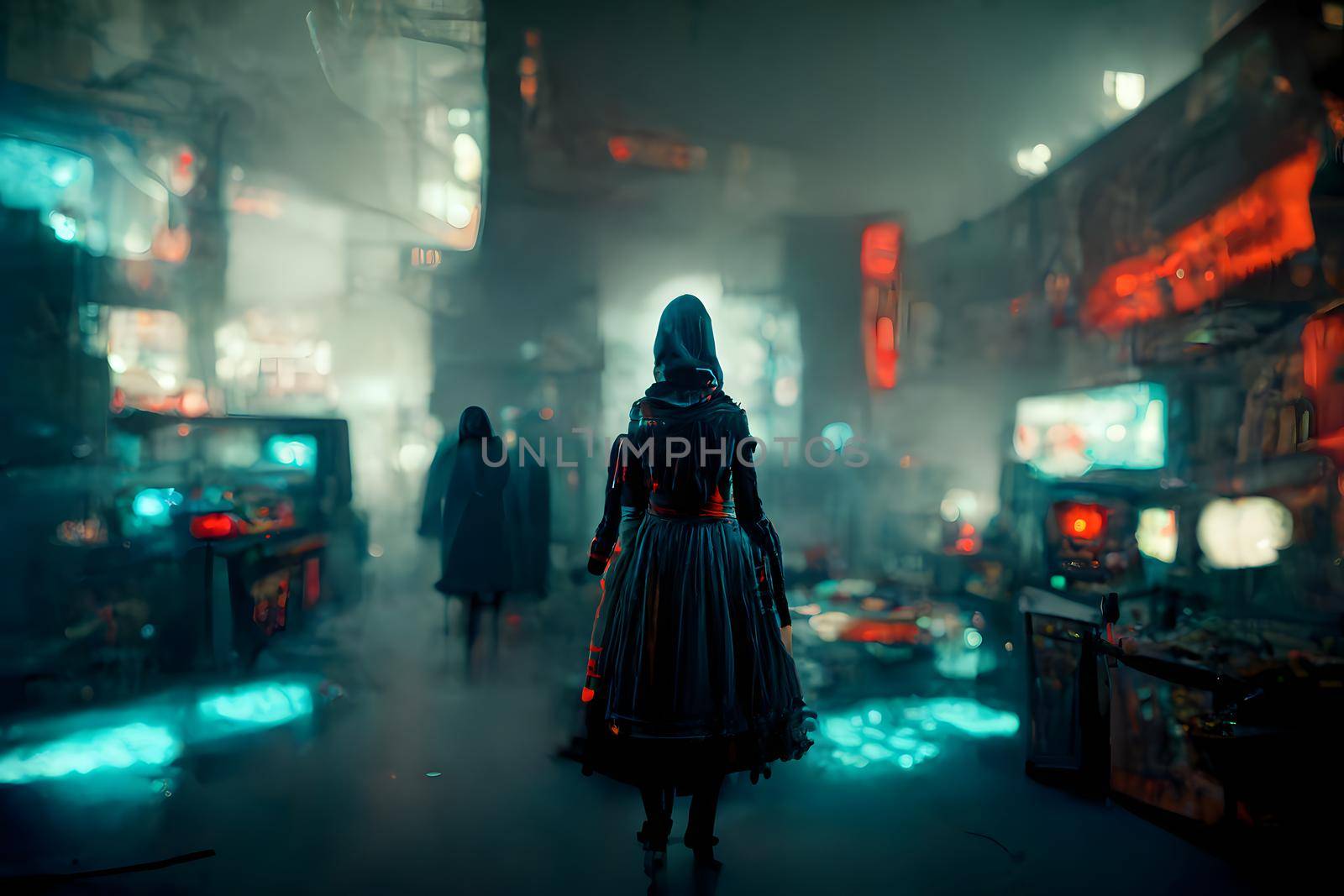 cyberpunk witches hideout in foggy hacker place, neural network generated art. Digitally generated image. Not based on any actual scene or pattern.