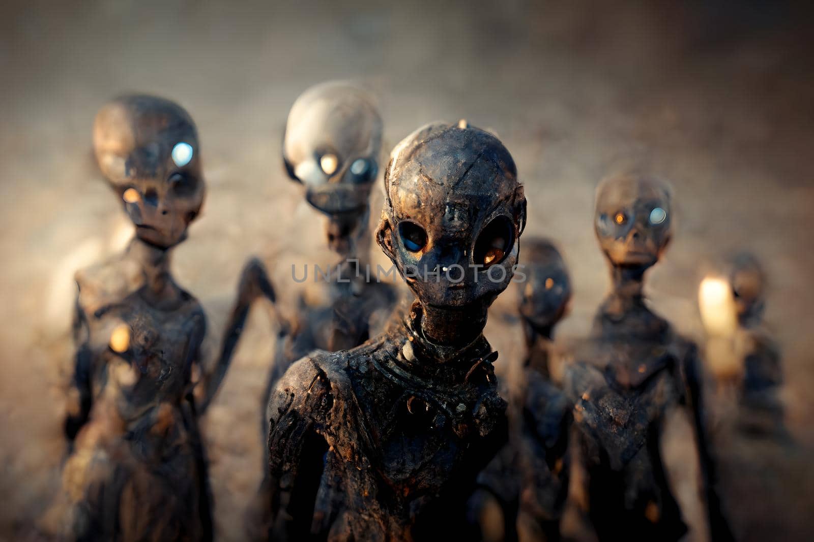 group of ugly barely humanoid aliens in ominous misty atmosphere, neural network generated art by z1b