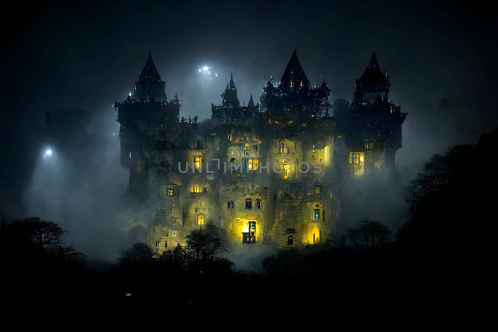 large haunted castle with many illuminated windows at spooky misty dark halloween night, neural network generated art. Digitally generated image. Not based on any actual scene or pattern.