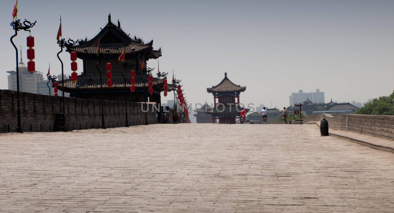 Xian ancient city wall with pagodas.