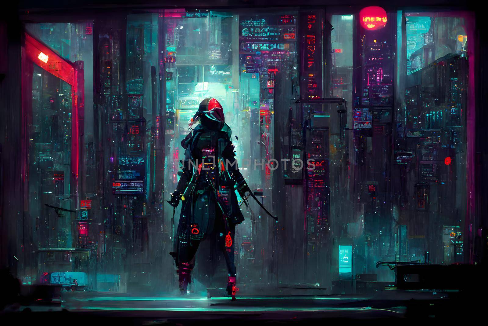 cyberpunk assasin figure in night cyberpunk style neon illuminated city environment, neural network generated art. Digitally generated image. Not based on any actual scene or pattern.