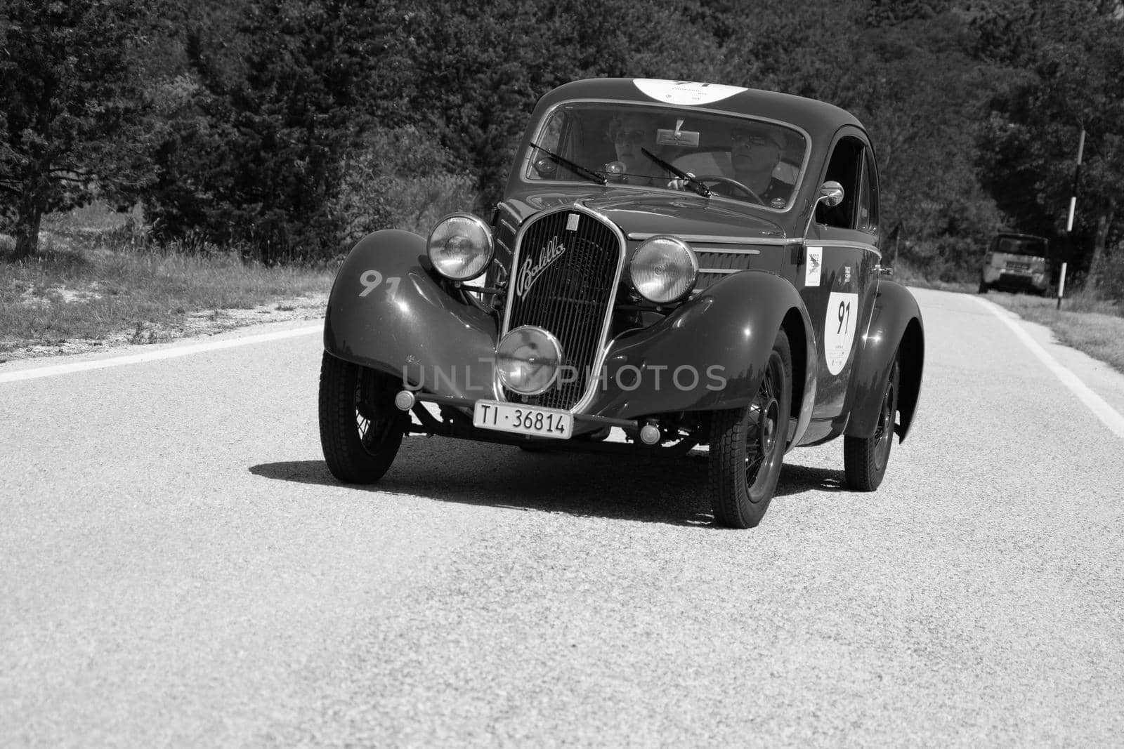 URBINO - ITALY - JUN 16 - 2022 : FIAT 508 S MM BALILLA BERLINETTA AERODINAMICA 1935 on an old racing car in rally Mille Miglia 2022 the famous italian historical race (1927-1957