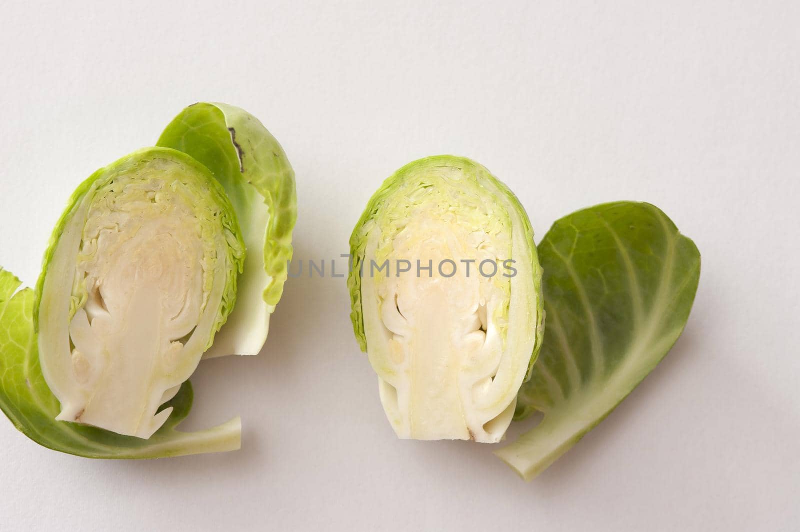 Fresh green Brussels sprout head cut in half, viewed in close-up on white surface background