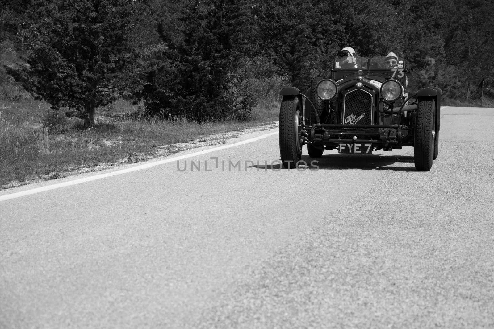 URBINO - ITALY - JUN 16 - 2022 : ALFA ROMEO 8C 2300 MONZA 1933 on an old racing car in rally Mille Miglia 2022 the famous italian historical race (1927-1957