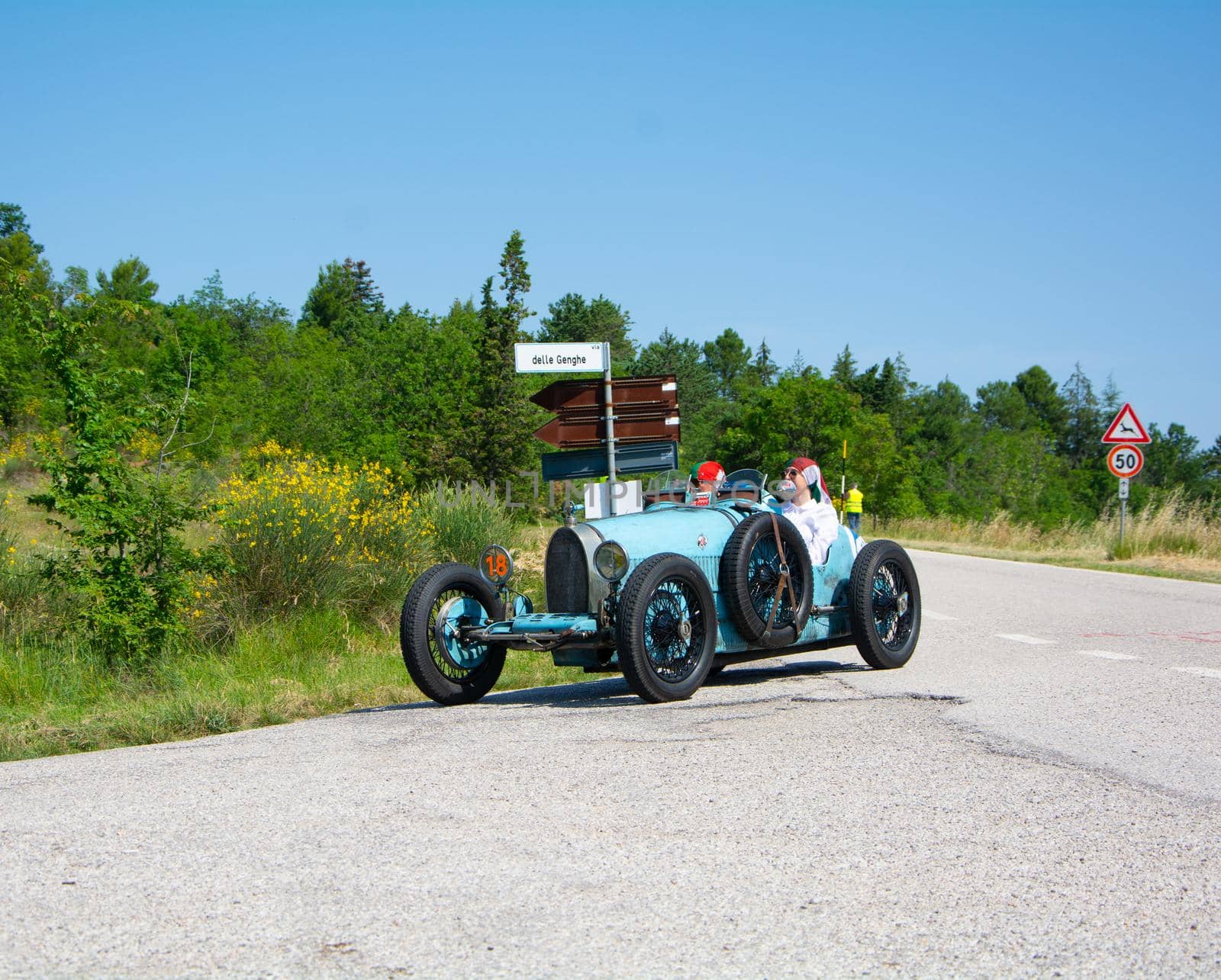 URBINO - ITALY - JUN 16 - 2022 : BUGATTI T35 1925 on an old racing car in rally Mille Miglia 2022 the famous italian historical race (1927-1957