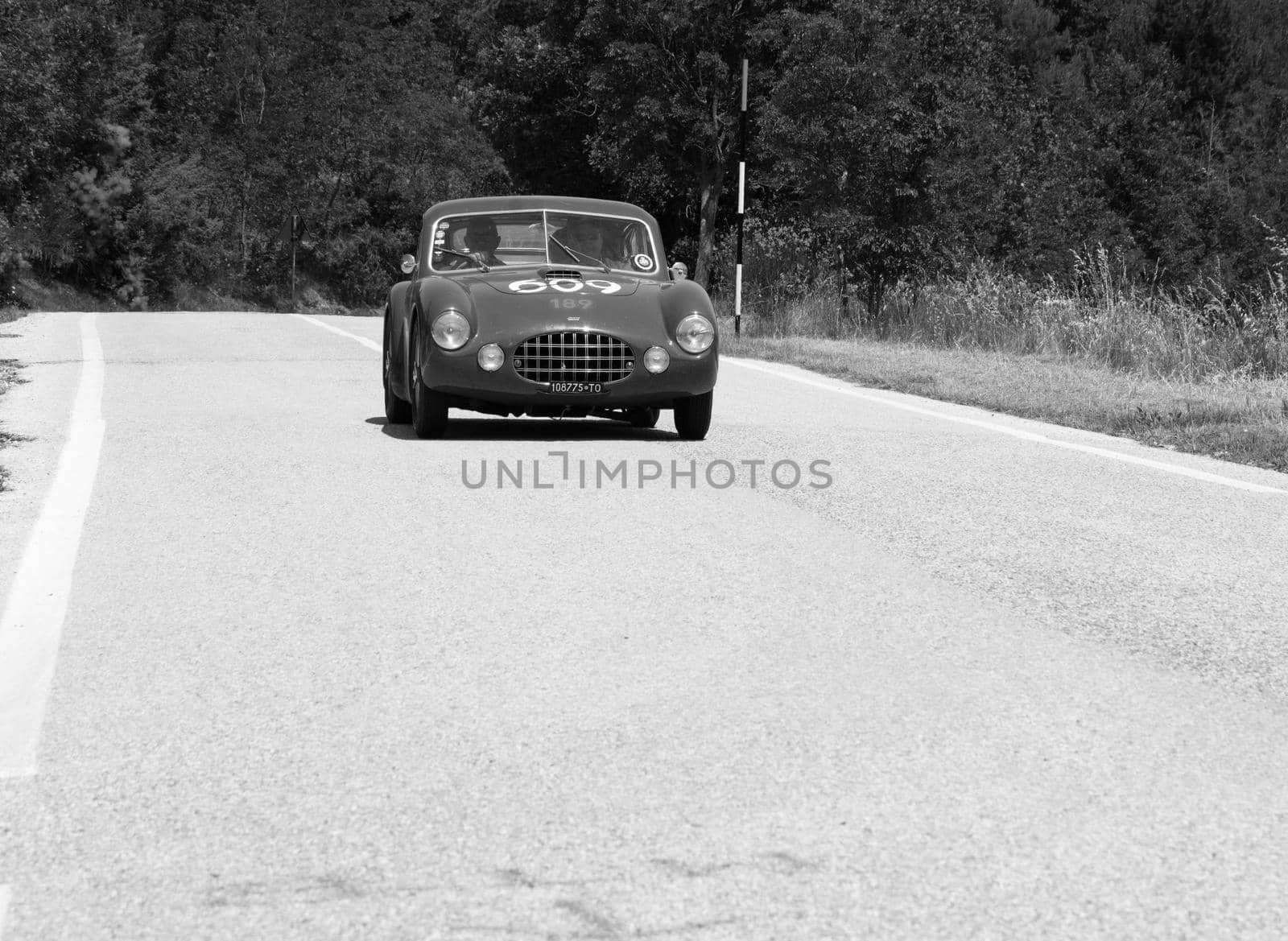 URBINO - ITALY - JUN 16 - 2022 : ERMINI 1100 BERLINETTA MOTTO 1950 on an old racing car in rally Mille Miglia 2022 the famous italian historical race (1927-1957