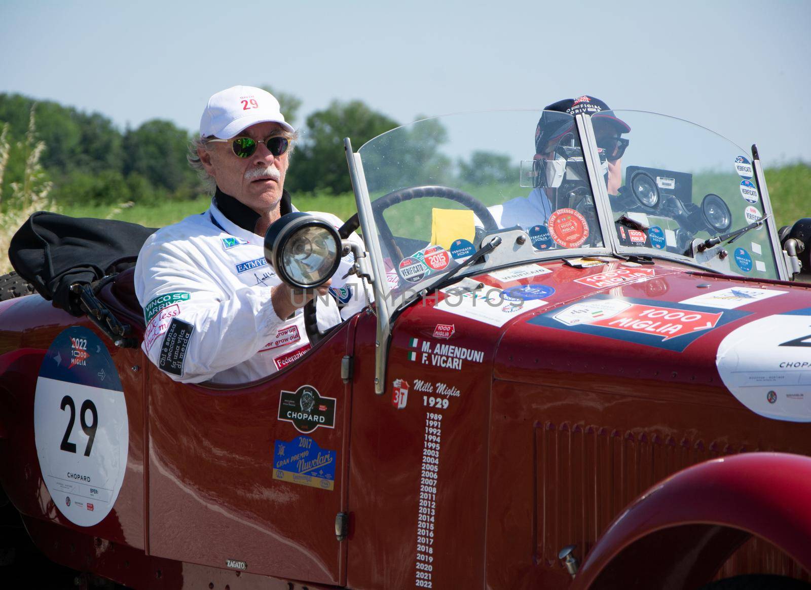 URBINO - ITALY - JUN 16 - 2022 : ALFA ROMEO 6C 1500 SS MM 1928 on an old racing car in rally Mille Miglia 2022 the famous italian historical race (1927-1957