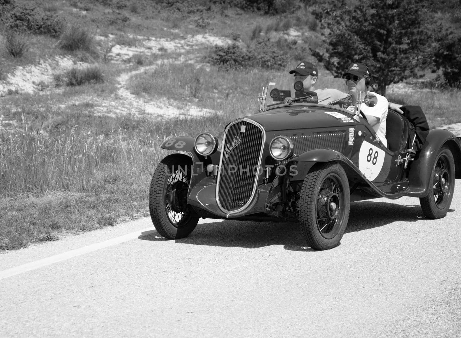 URBINO - ITALY - JUN 16 - 2022 : FIAT 508 S BALILLA COPPA D ORO 1934 on an old racing car in rally Mille Miglia 2022 the famous italian historical race (1927-1957