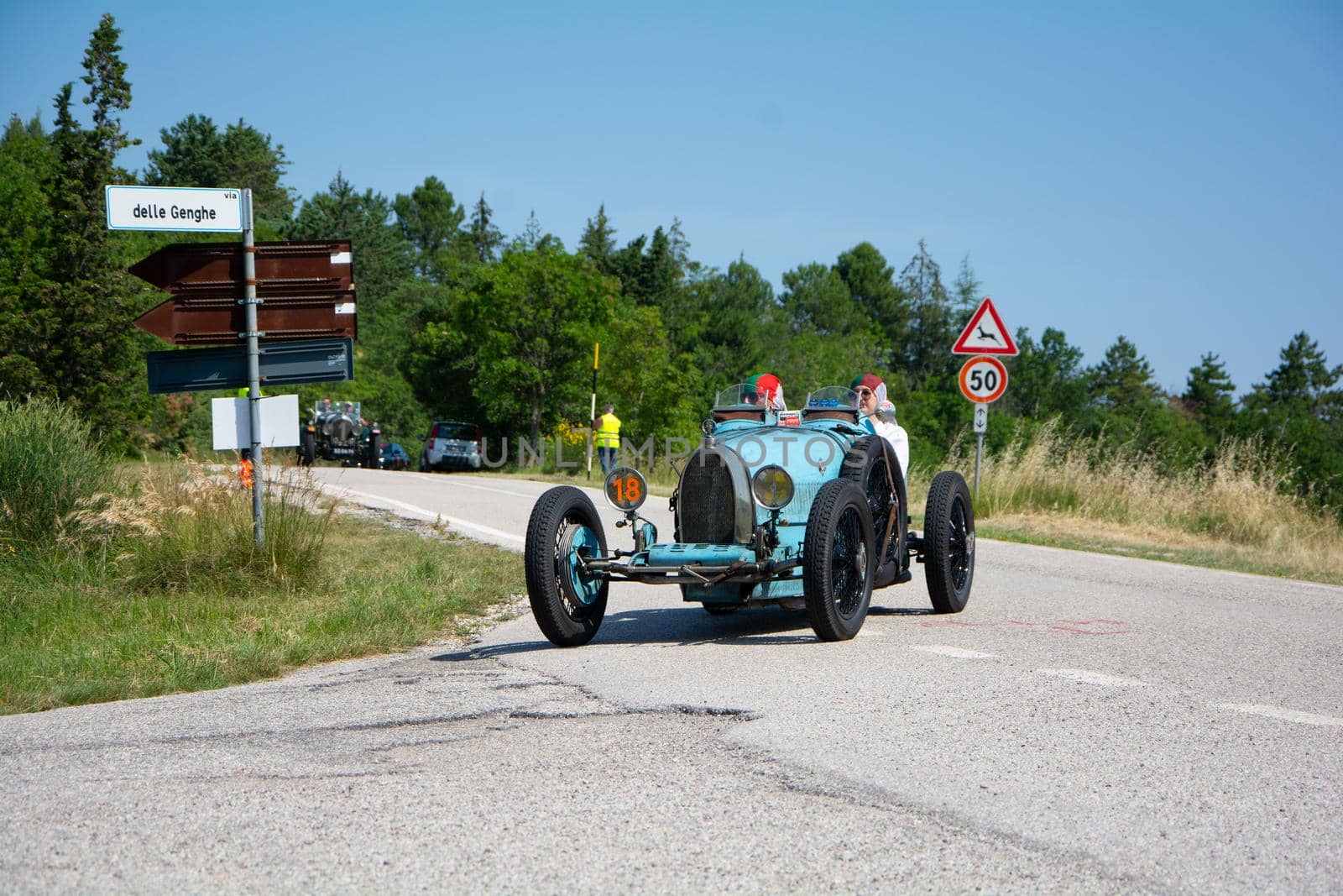 URBINO - ITALY - JUN 16 - 2022 : BUGATTI T35 1925 on an old racing car in rally Mille Miglia 2022 the famous italian historical race (1927-1957