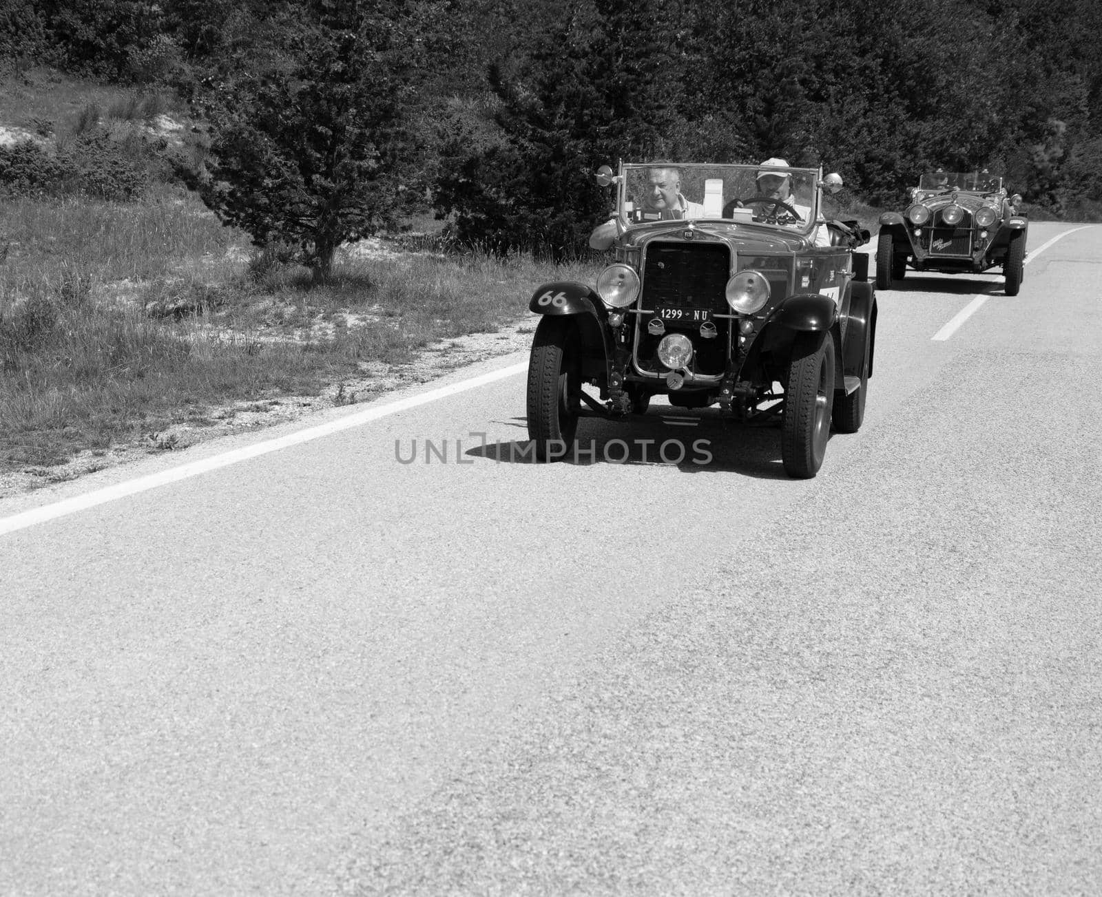 URBINO - ITALY - JUN 16 - 2022 : FIAT 514 S 1931 on an old racing car in rally Mille Miglia 2022 the famous italian historical race (1927-1957