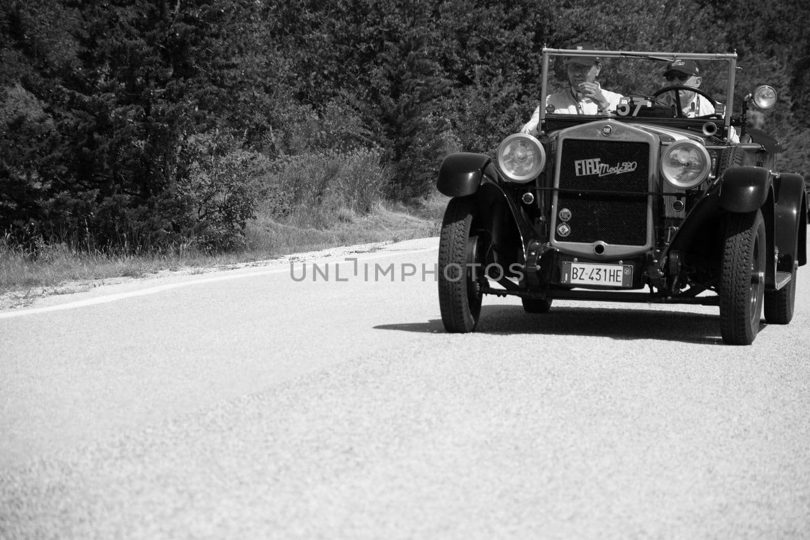 URBINO - ITALY - JUN 16 - 2022 : FIAT 520 1929 on an old racing car in rally Mille Miglia 2022 the famous italian historical race (1927-1957