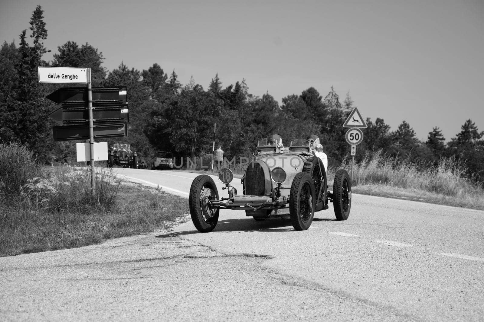 URBINO - ITALY - JUN 16 - 2022 : BUGATTI T35 1925 on an old racing car in rally Mille Miglia 2022 the famous italian historical race (1927-1957