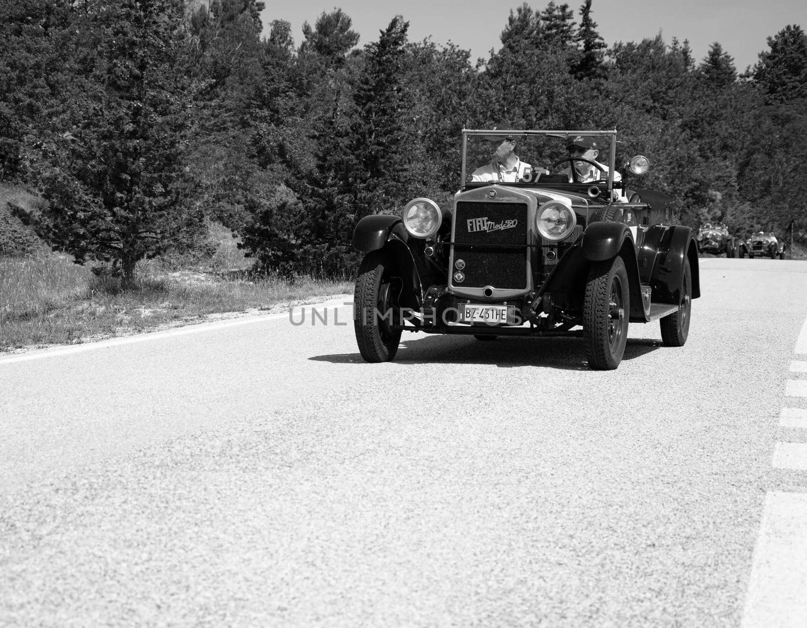 URBINO - ITALY - JUN 16 - 2022 : FIAT 520 1929 on an old racing car in rally Mille Miglia 2022 the famous italian historical race (1927-1957