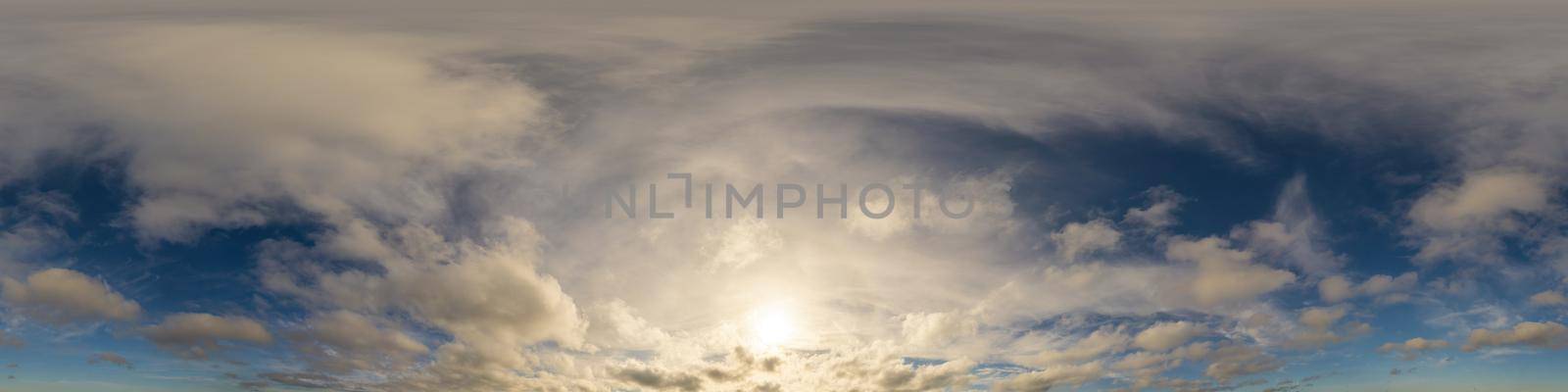 Blue sky panorama with puffy Cumulus clouds. Seamless hdr pano in spherical equirectangular format. Sky dome or zenith for 3D visualization, game and sky replacement for aerial drone 360 panoramas. by Matiunina