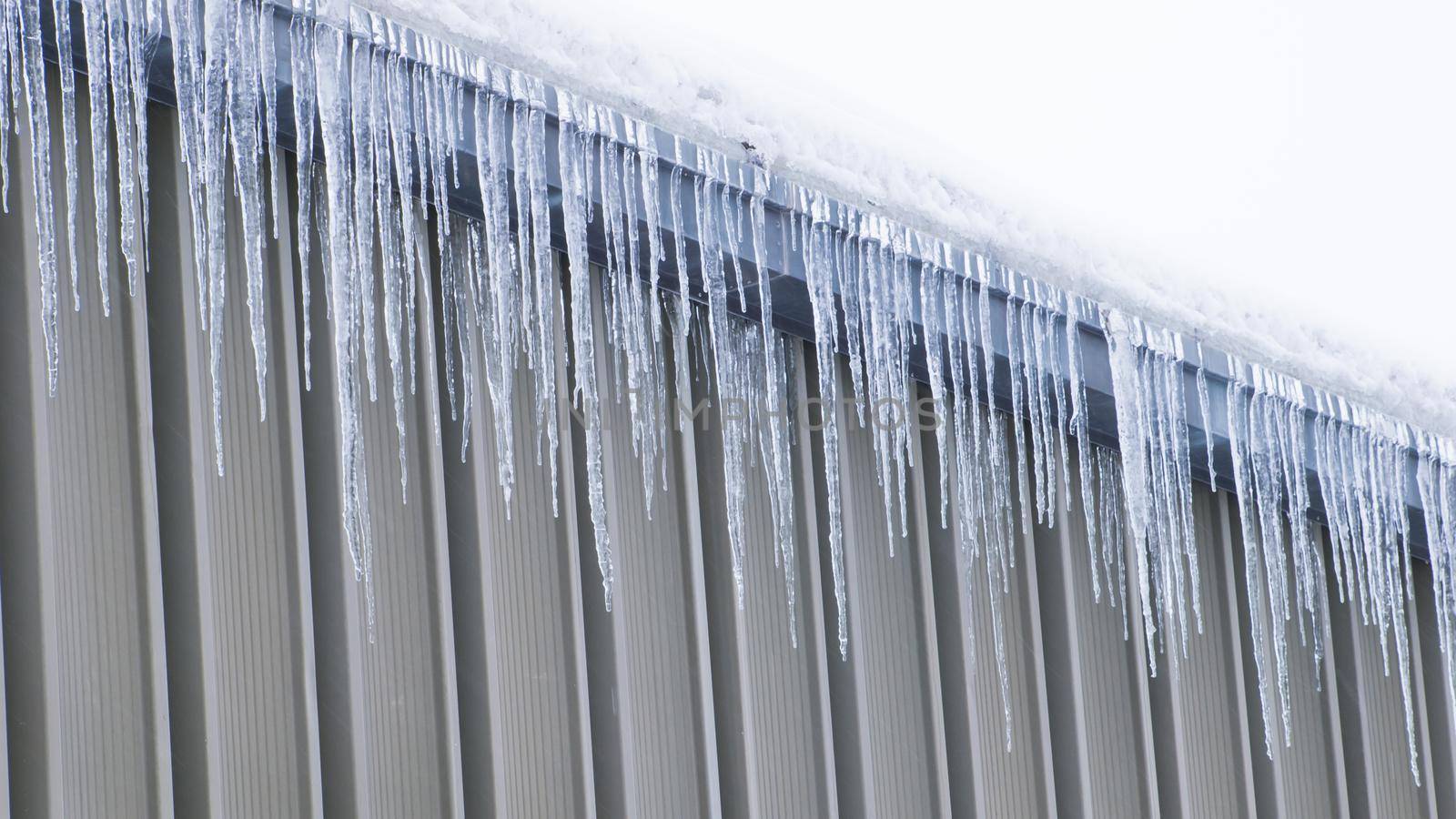 many icicles hang from the roof.