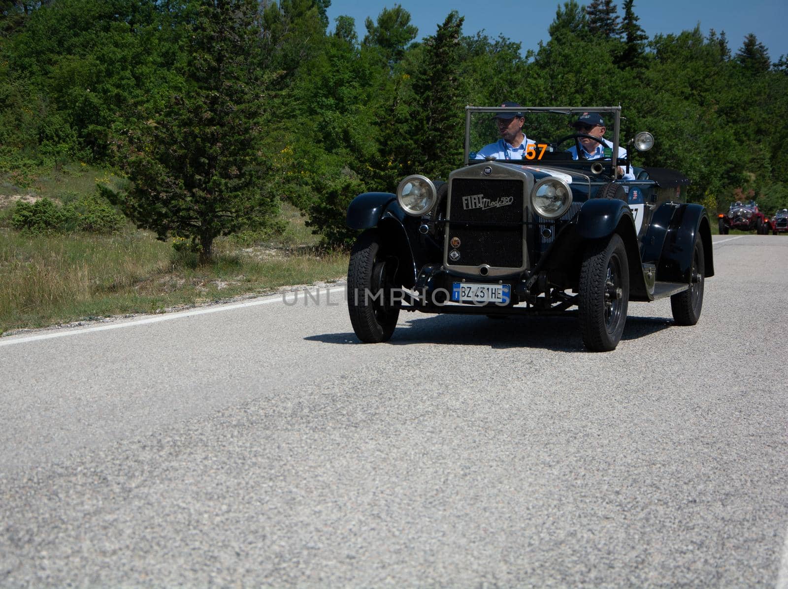 URBINO - ITALY - JUN 16 - 2022 : FIAT 520 1929 on an old racing car in rally Mille Miglia 2022 the famous italian historical race (1927-1957