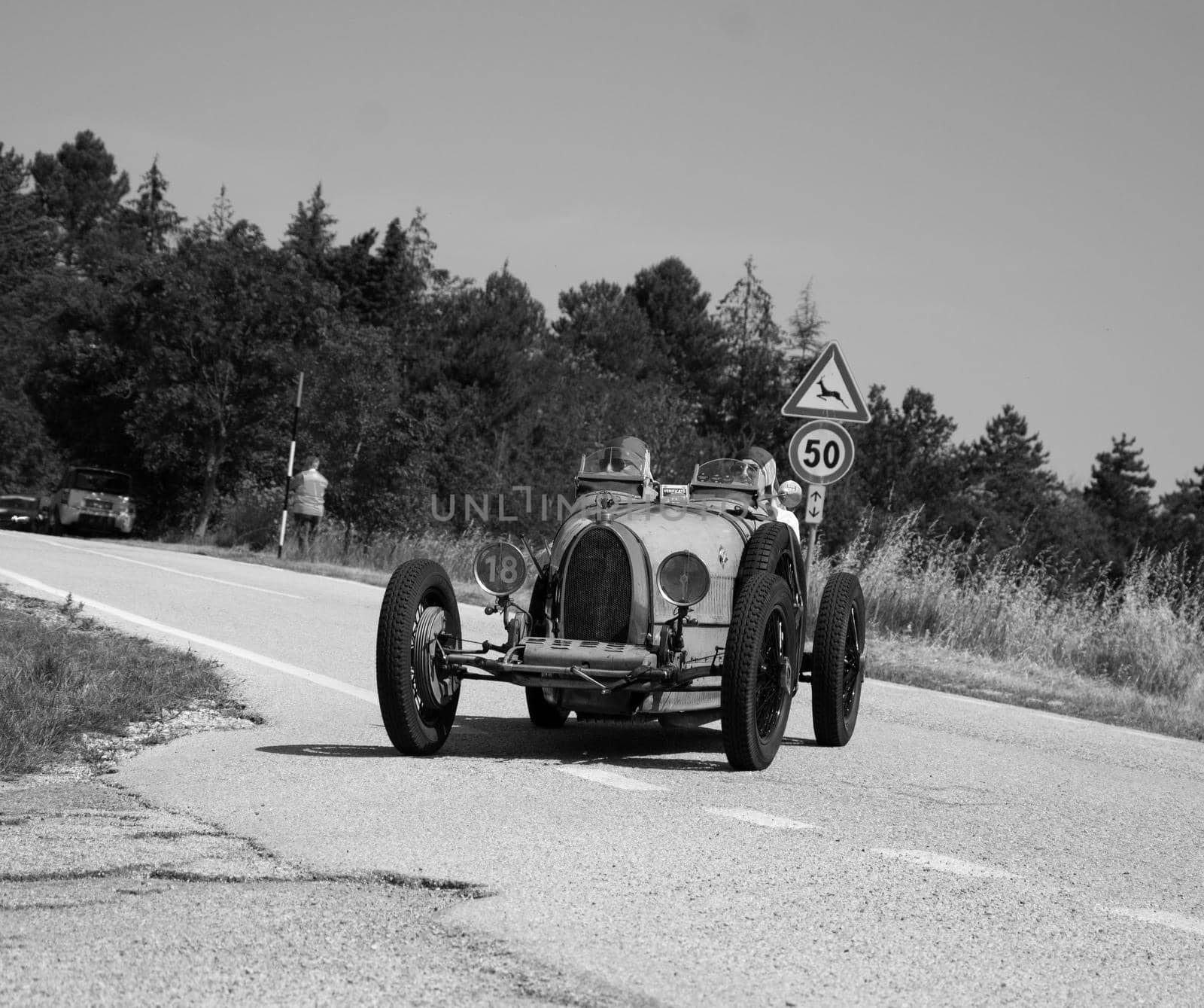 URBINO - ITALY - JUN 16 - 2022 : BUGATTI T35 1925 on an old racing car in rally Mille Miglia 2022 the famous italian historical race (1927-1957