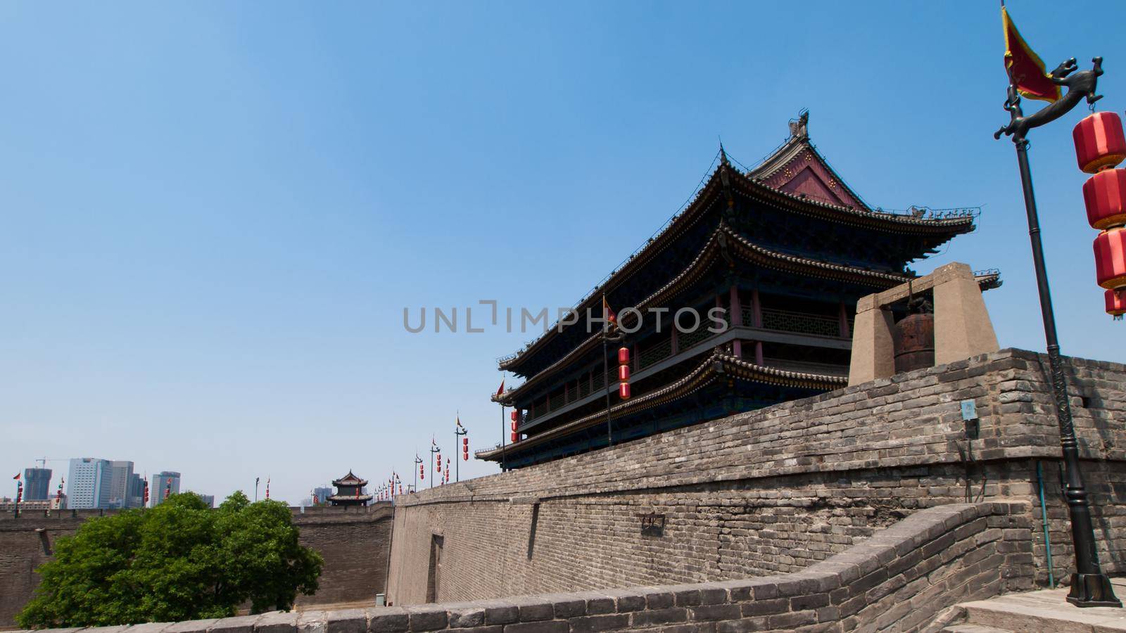 Xian ancient city wall with pagodas.