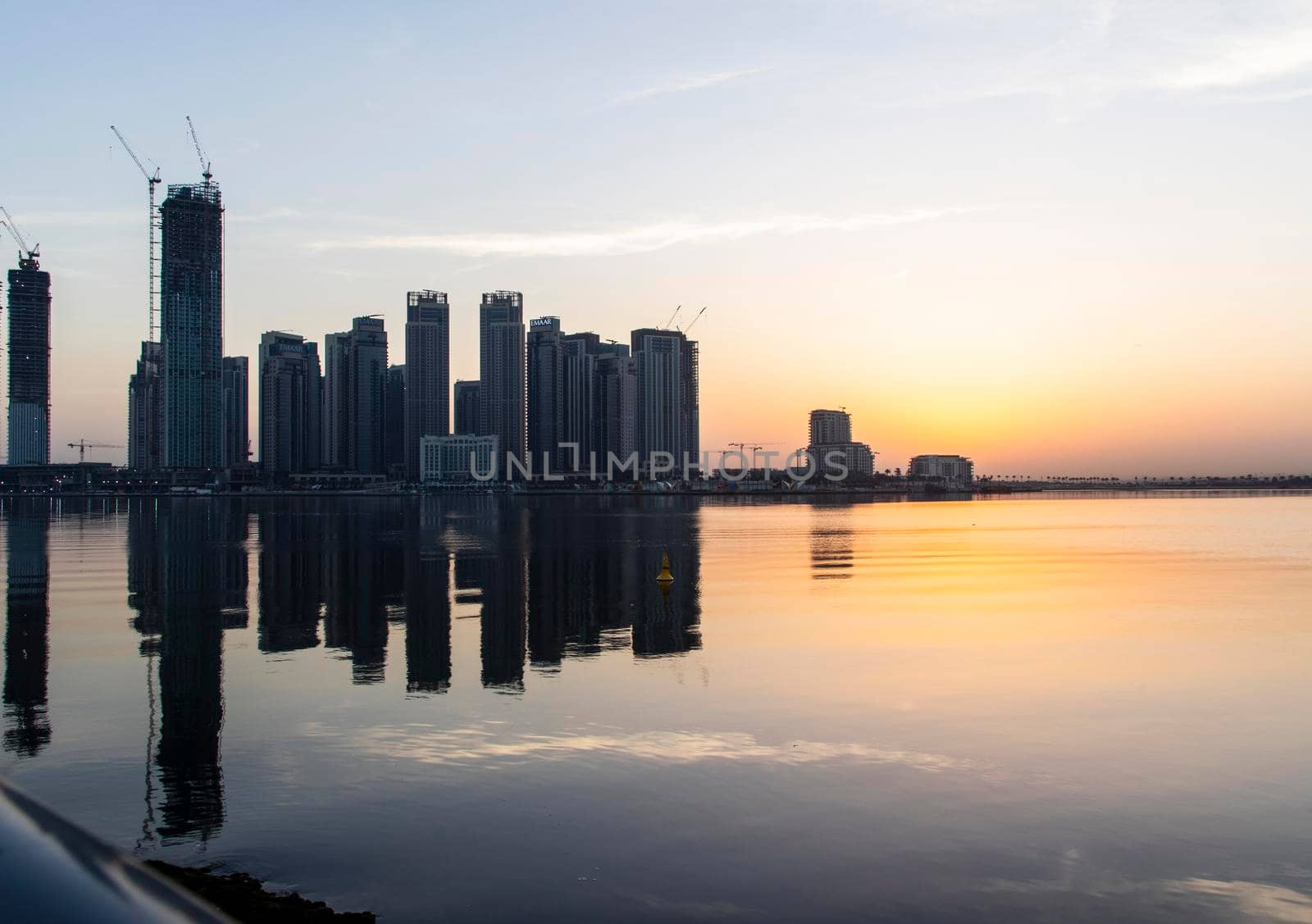 Dubai, UAE - 01.29.202 Sunrise over Dubai city skyline. Creek Harbor by EMAAR