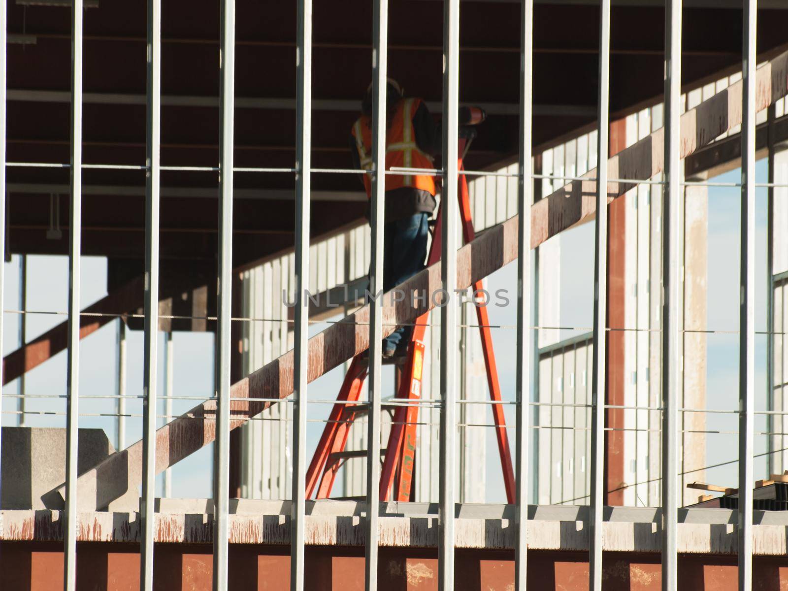 Construction site of the new office building. Steel frame structure.