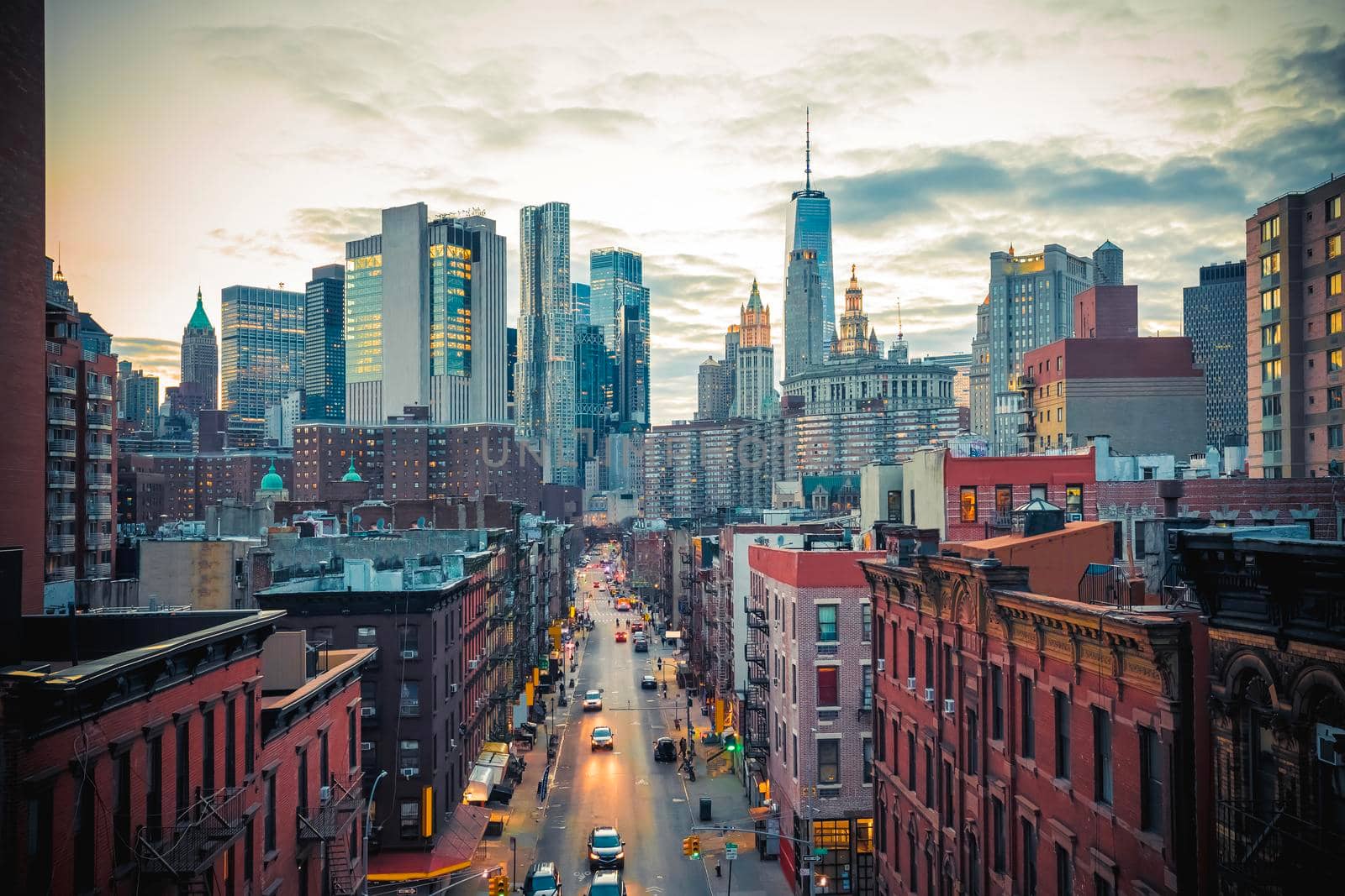 New York City Chinatown and Skyscrapers skyline dusk view, USA