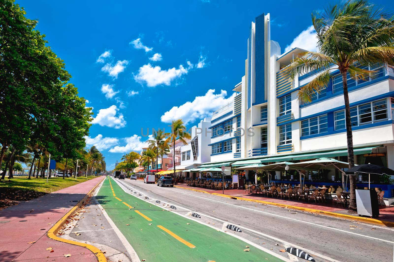 Miami South Beach Ocean Drive colorful Art Deco street architecture view, Florida state in United States of America