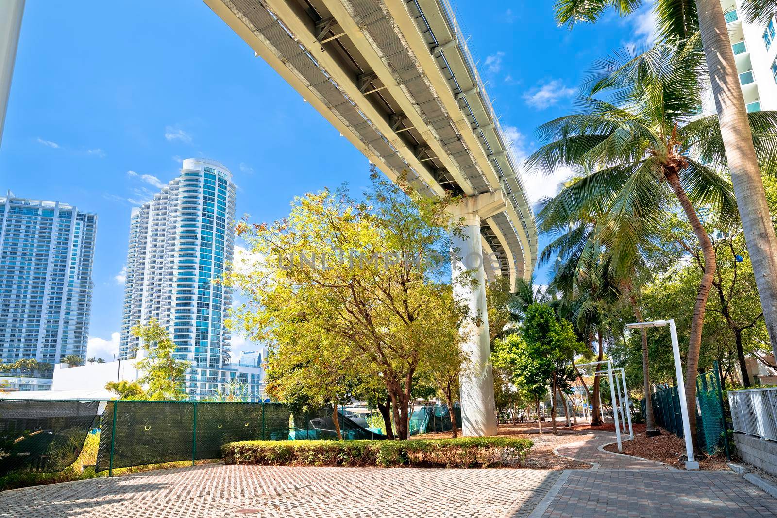 Miami downtown street view under mover train track, Florida state, United States of America