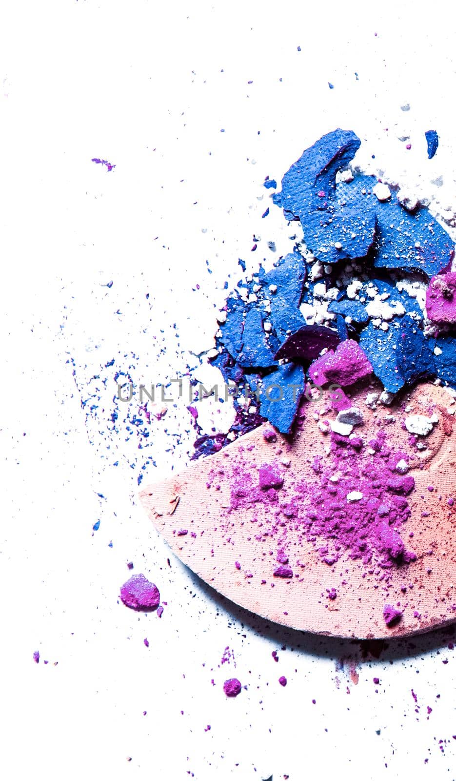 Crushed eyeshadow palette and powder close-up isolated on white background by Anneleven