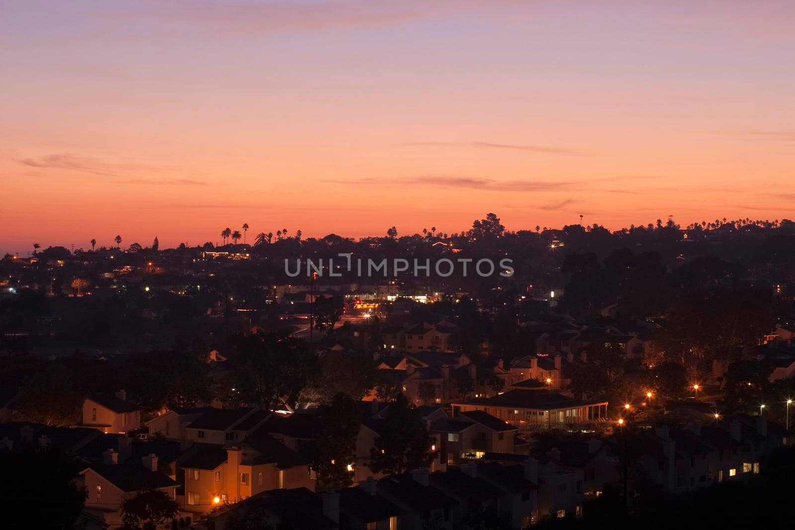 suburban california lit the with golden orange light of sunset