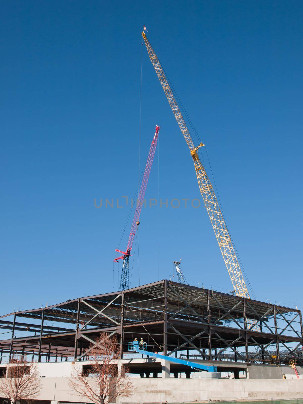 Construction site of the new retail building. Steel frame construction.