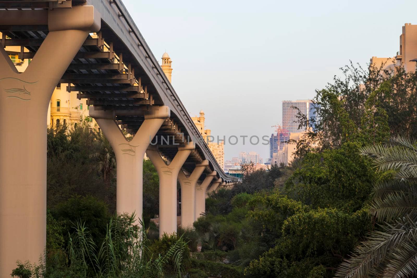 Dubai, UAE - 05.15.2021 -Al Ittihad park in Palm Jumeirah. Monorail station