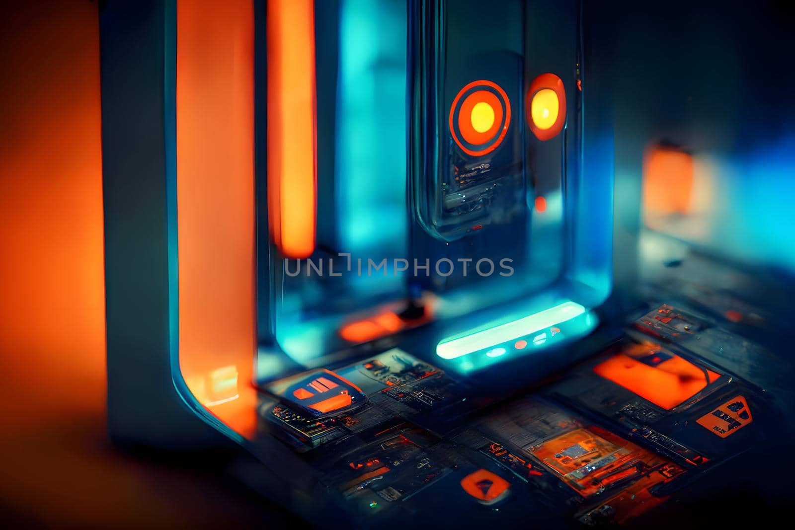 abstract teal-orange hight-tech cyberpunk background, neural network generated art.