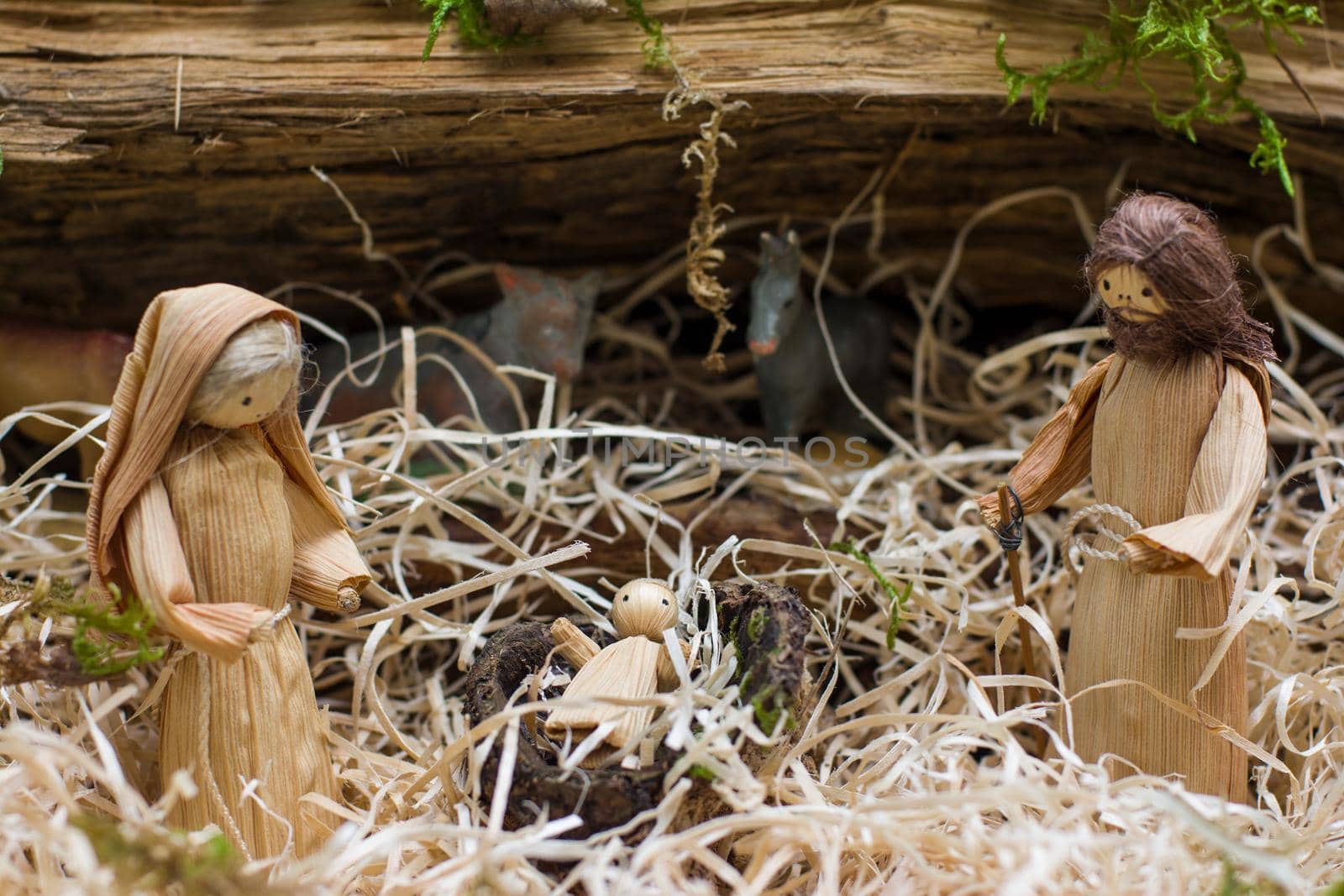 Christmas creche with Joseph Mary and small Jesus