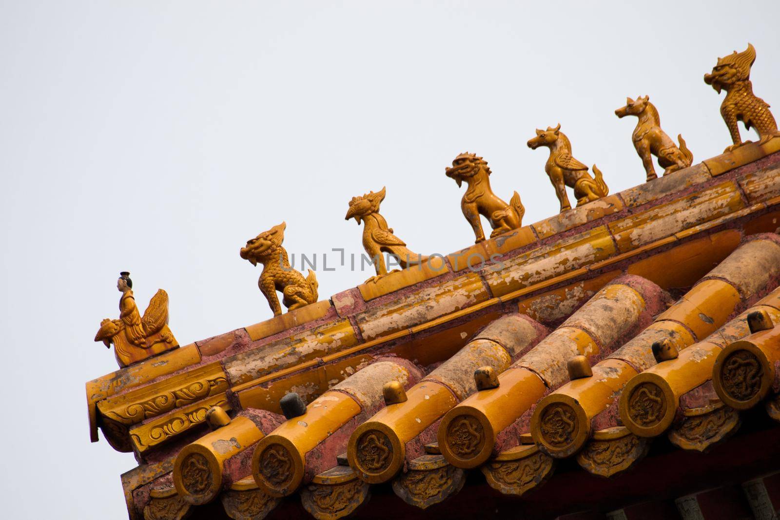 Facade and roofs details, Forbidden City in Beijing. Imperial palace in China.