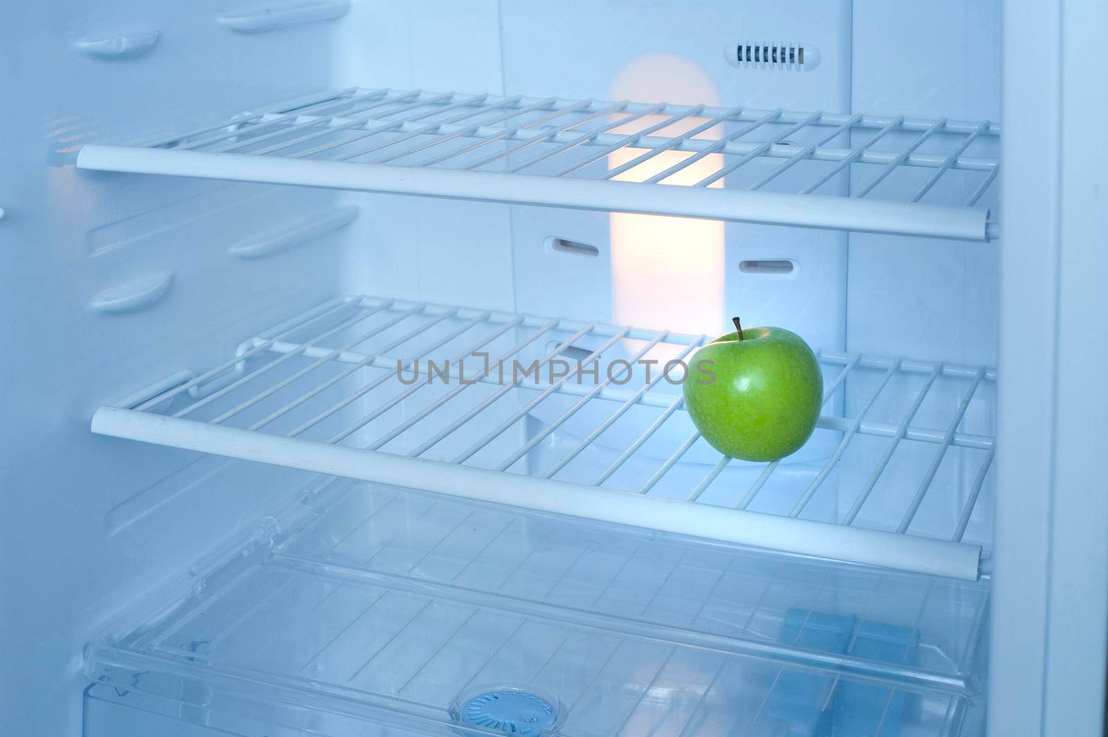 One green apple standing on a wire shelf inside a small empty domestic fridge