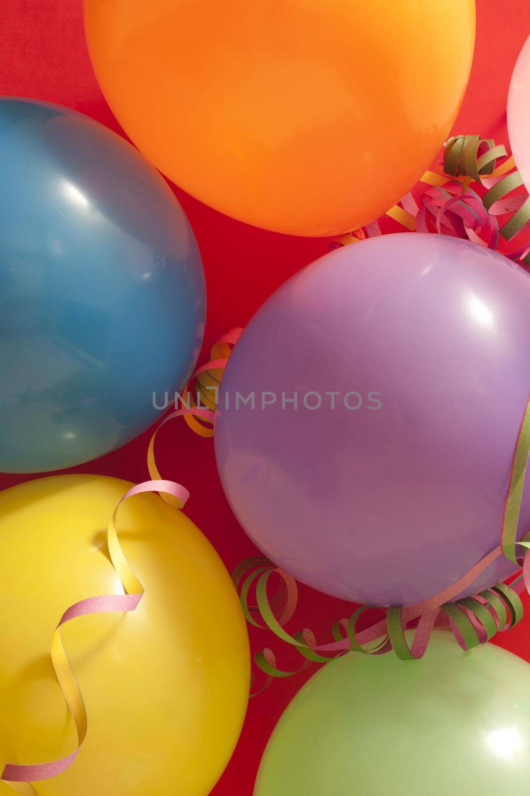 Close up Colored Birthday Party Balloons with Streamers Against Red Background