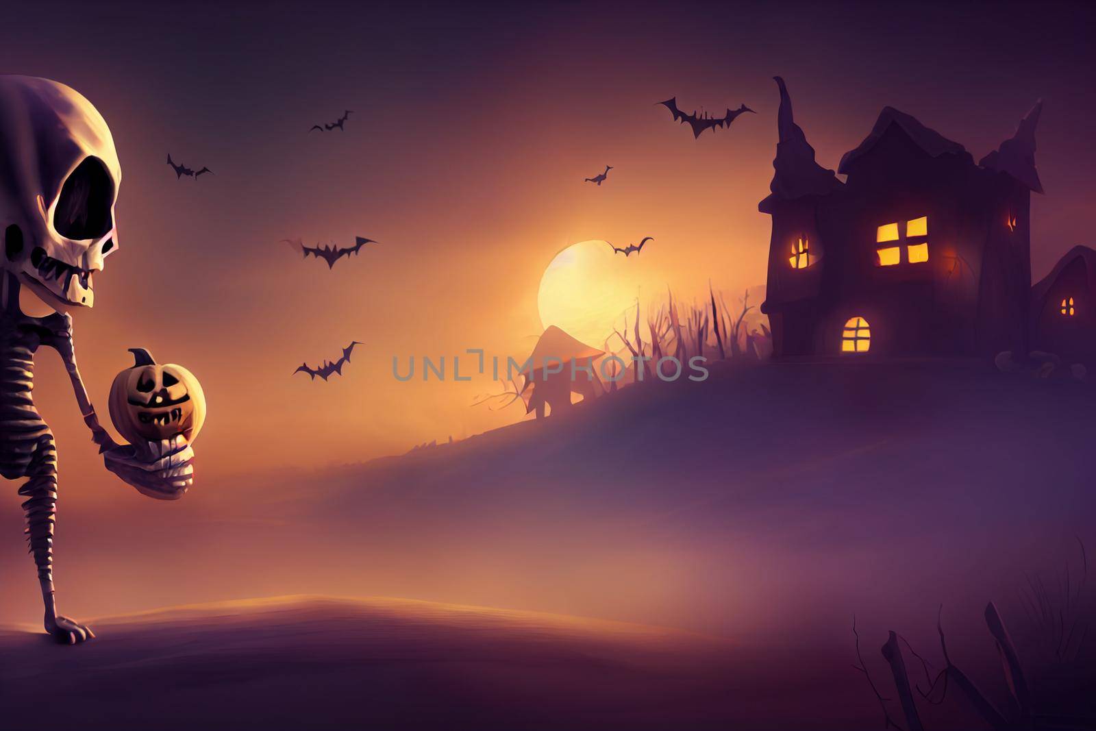 3D render ghost as a cute chibi figure in a graveyard for Halloween. Happy Halloween Wallpaper