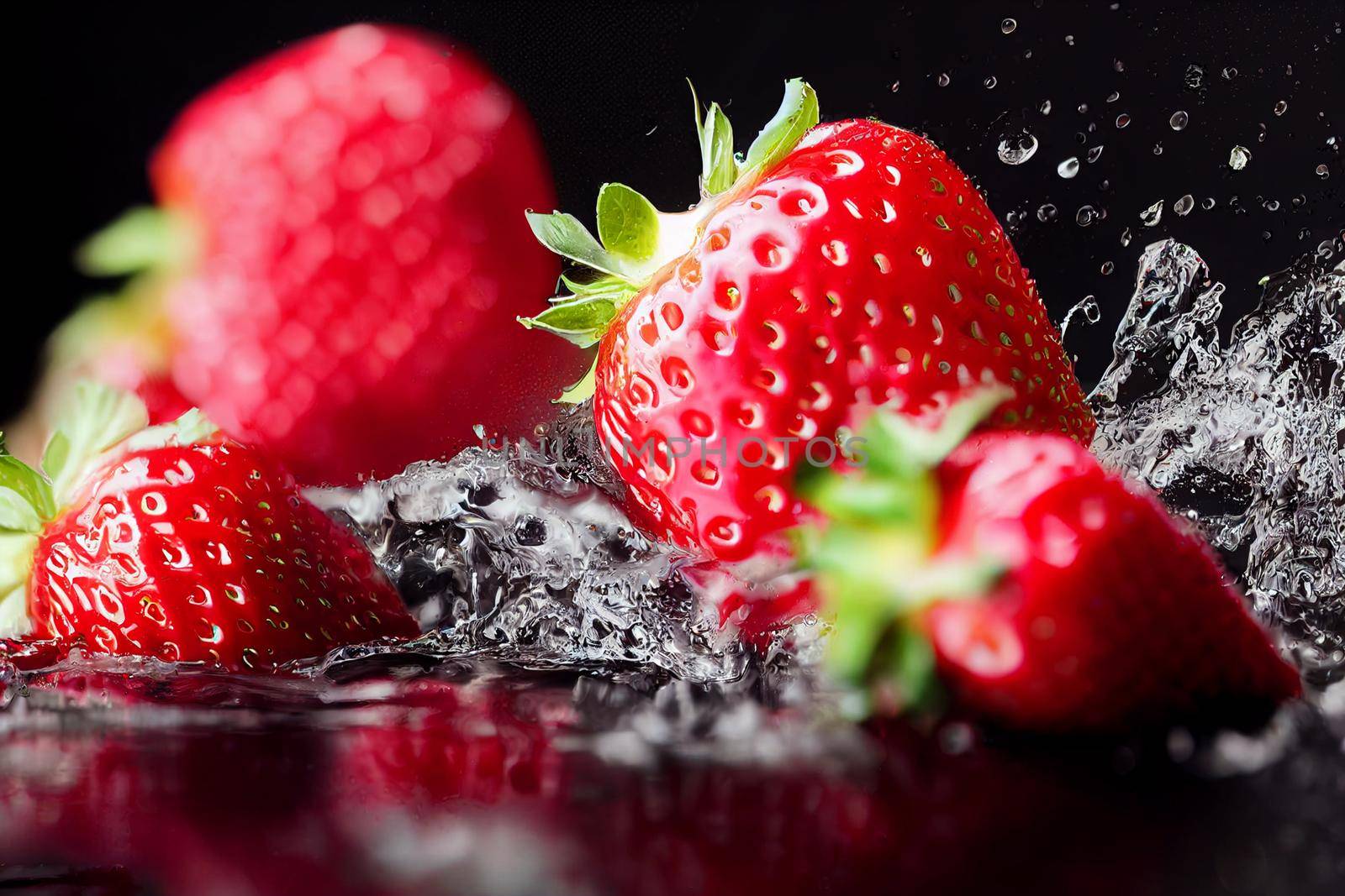 3D render illustration strawberries in water splash isolated on black background