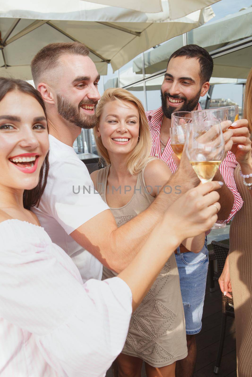 Vertical cropped shot of a beautiful woman smiling to the camera while clinking glasses with friends during summer party outdoors