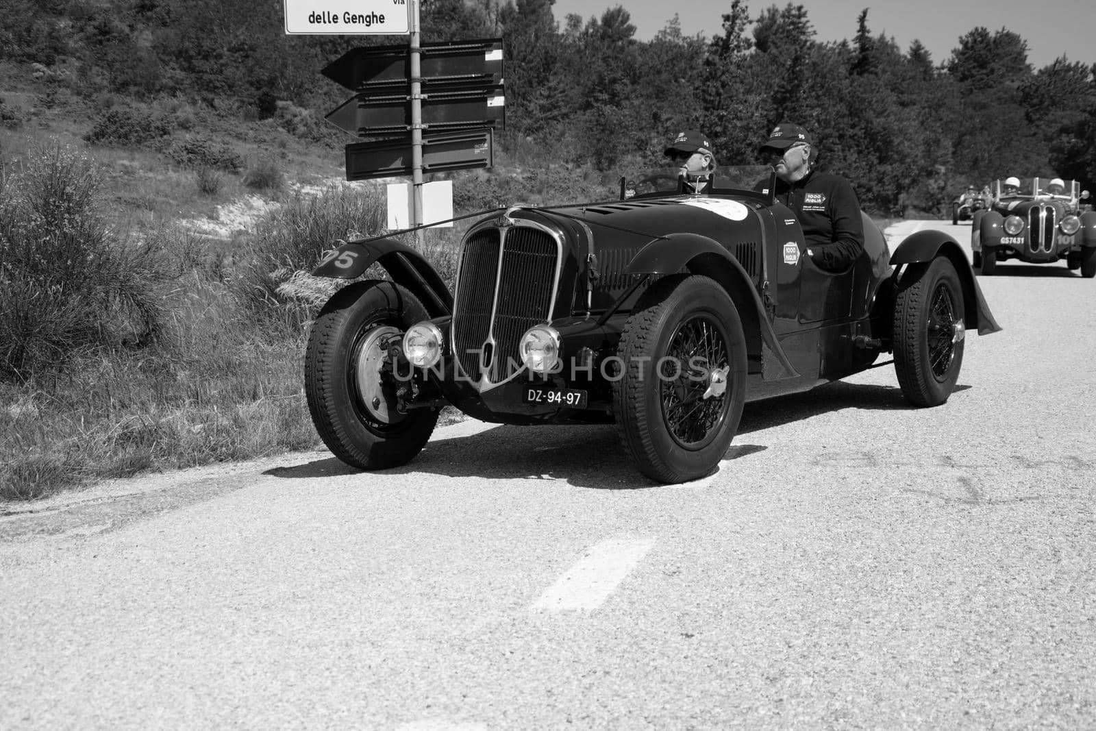 URBINO - ITALY - JUN 16 - 2022 : DELAHAYE 135 CS 1936 on an old racing car in rally Mille Miglia 2022 the famous italian historical race (1927-1957