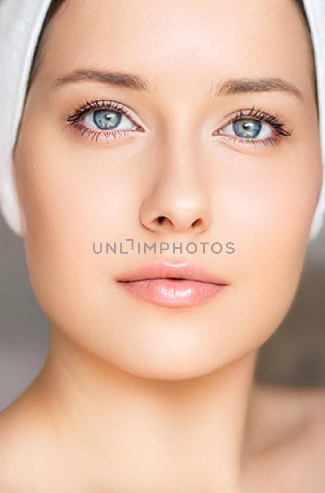 Skin care and beauty routine, beautiful woman with white towel wrapped around head, skincare cosmetics and face cosmetology by Anneleven